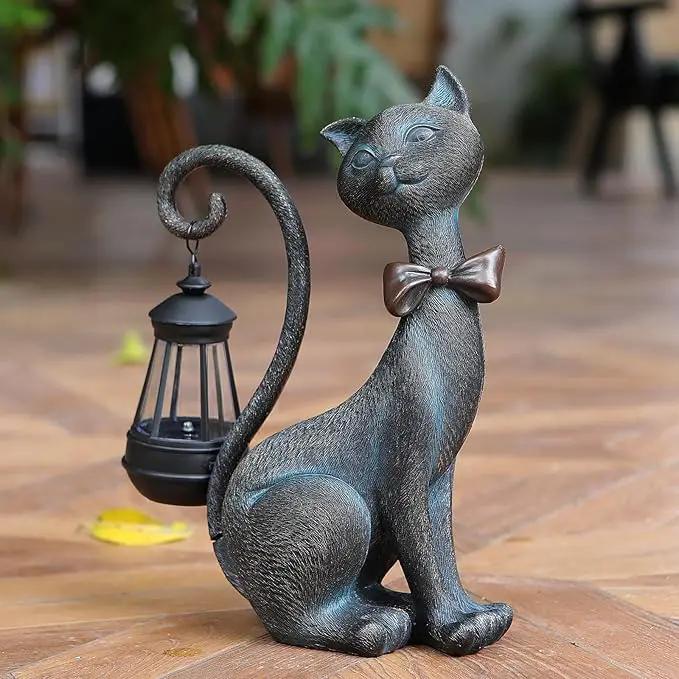 Whimsical Outdoor Cat Statues with Solar Garden Lantern:Cat Garden Statues for Outside Decor Clearance,Outdoor Figurine for Yard Art Lawn Ornaments Patio Balcony Home House - Valentines Birthday Gifts by GreenHaven Gardens