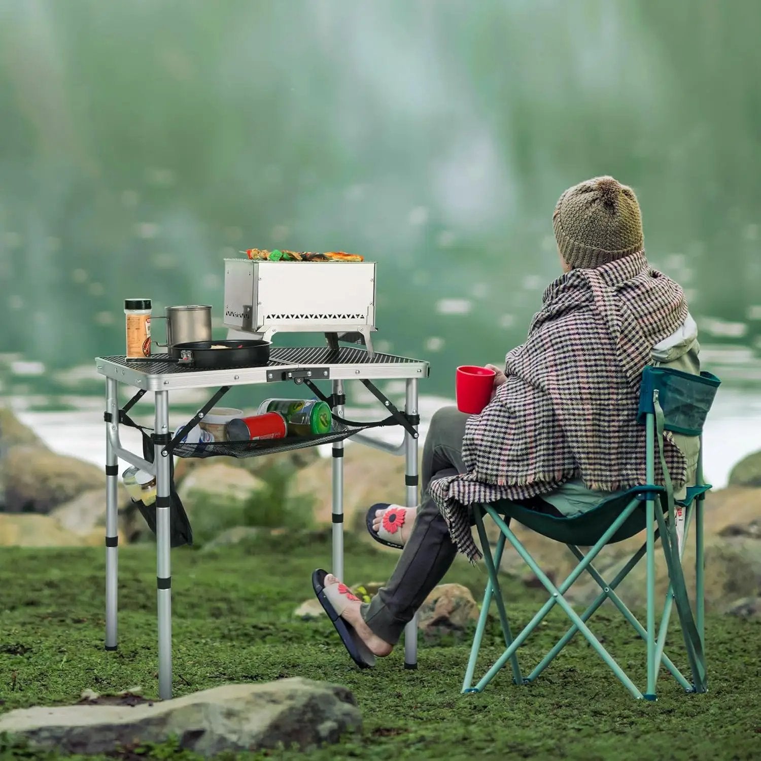 REDCAMP Small Folding Grill Table for Outside, 2Ft Lightweight 4 Height Adjustable Portable Metal Table with Mesh Desktop, Outdoor Table for Camping Picnic Beach and BBQ, Silver by GreenHaven Gardens