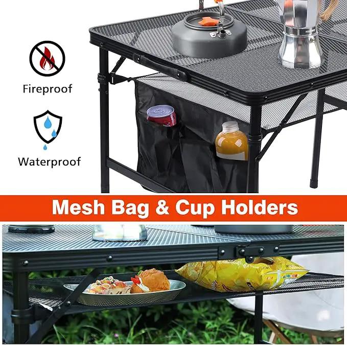 Folding Grill Table, 3x2 FT Portable Camping Table, Height Adjustable Metal Tables with Mesh Desktop and Mesh Bag, Outdoor Furniture for Camping, Picnic, Beach and BBQ, Black by GreenHaven Gardens