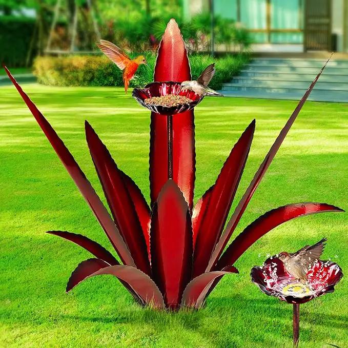 Upgraded Large Metal Yard Art, Metal Agave Plant Yard Decorations Outdoor Sculpture, Metal Flowers for Outside, Waterproof Outdoor Garden Decor (Red + Bird Feeder) by GreenHaven Gardens