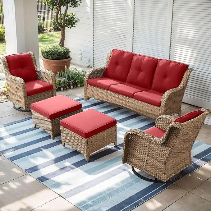 Outdoor Wicker Patio Furniture Set - 5 Piece Rattan Patio Conversation Set with 2 Rocking Swivel Chairs,2 Ottomans and 1 Sofa for Porch Deck Backyard Garden(Yellow/Red) by GreenHaven Gardens