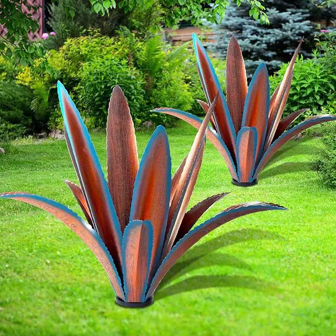Enlarge thickened Wind Resistant Metal Agave Garden Art Metal Plant Country Garden Sculpture Statue Outdoor decoration Agave Metal Plant Courtyard Garden Lawn Ornament Gift (2, 12 Leaves blue) by GreenHaven Gardens