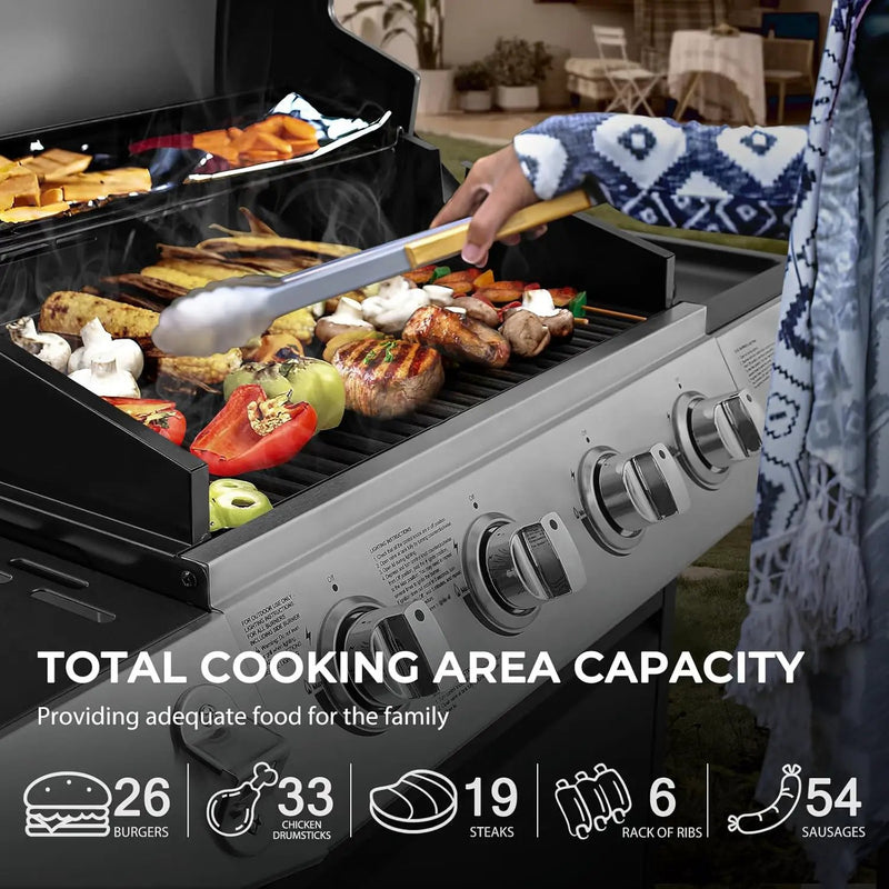 4 Burners Gas Grill with Side Burner, Propane Grill with Wheels and Storage, Outdoor Gas BBQ with Oil Tray and Thermometer for Patio and Party, 49200 BTU by GreenHaven Gardens