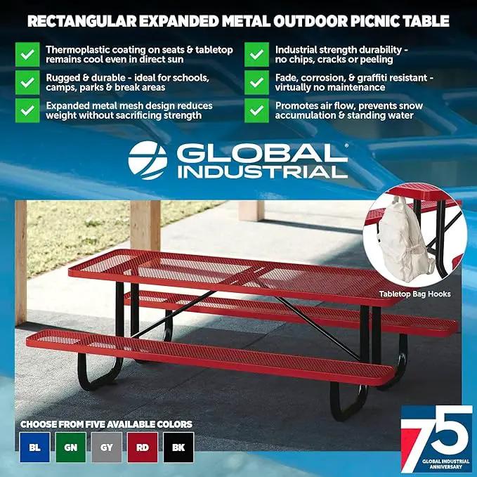 Global Industrial 8’L Rectangular Picnic Table, Expanded Metal, Green Thermoplastic Coating, Attached Benches, 1-1/2” Umbrella Pole Hole, Outdoor-Rated, 1000 lb Capacity, 96” x 30” Tabletop by GreenHaven Gardens