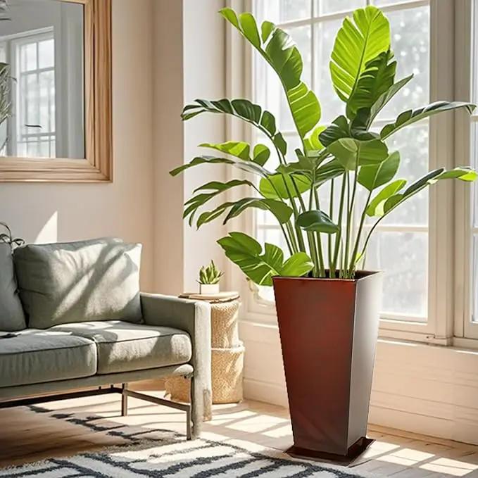 KOL 25''H. Galvanized Steel Planter with Saucer, Tall Glazed Planter Pots for Indoor & Outdoor Use, Set of 2, Decorative Flower Plant Pots with Drainage Hole for Porch, Patio, Deck - Reddish Brown by GreenHaven Gardens