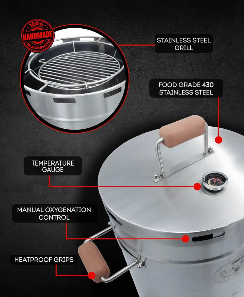 El Barril Lite Large Barrel Smoker Grill, Stainless Steel 430, 45 lb Capacity, 14 Meat Hooks, Upper Grill and Handler, Outdoor Vertical Charcoal BBQ (Lite 45LBS Large) by GreenHaven Gardens