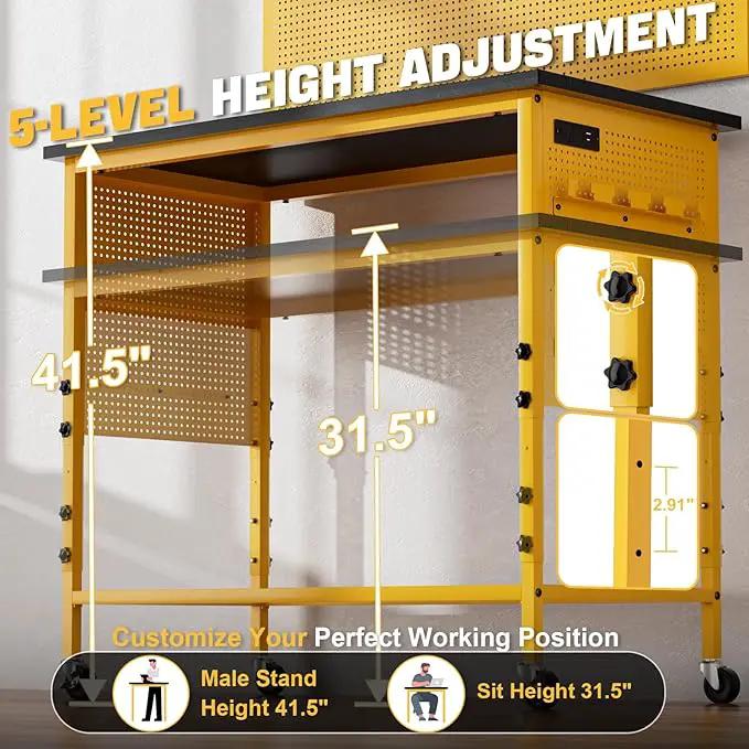 47" Heavy Duty Adjustable Workbench with Power Outlets, Pegboard & Locking Wheels - 2100LB Capacity Garage Work Table, Compatible with DeWalt Battery, Reinforced Steel Frame for Workshop & Home Use by GreenHaven Gardens