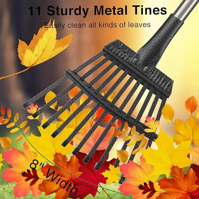 Small Graden Rake - 8 inch Width Metal Leaf Rake for Gardening, Yard, Flower Beds, Mulch, Shrub Long Handle, 6ft by GreenHaven Gardens