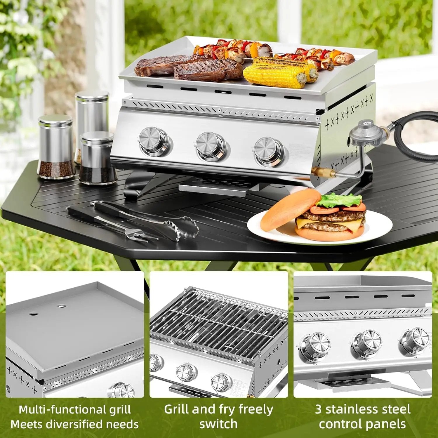 3-Burner Stainless Steel 2-in-1 Tabletop Grill and Griddle Combo, 24,000 BTU Portable Flat Top Propane Gas Grill for Commercial BBQ, Outdoor Cooking, Camping, Tailgates & Backyard by GreenHaven Gardens
