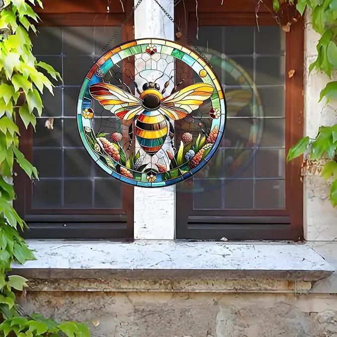 RIVEENY Bumblebee Stained Glass Window Hangings,8''Bee Suncatcher Stained Glass Window Panel Gift for Christmas Anniversary Birthday Mother's Day by GreenHaven Gardens