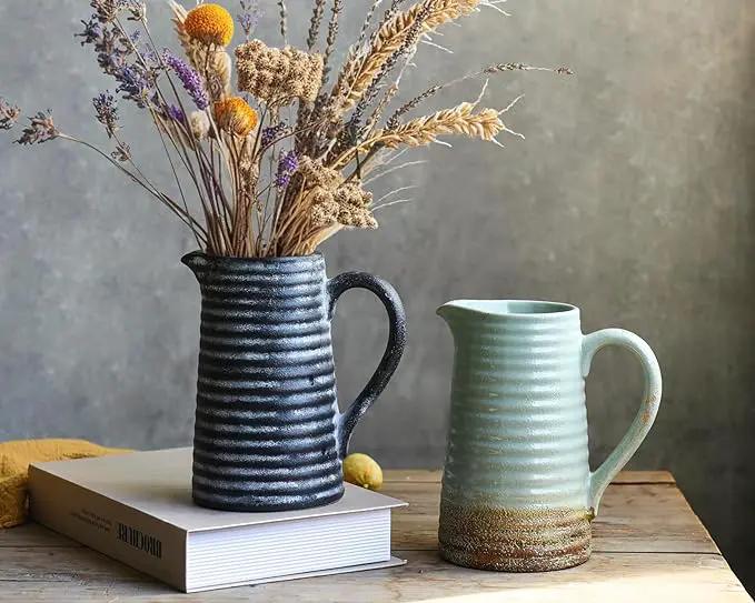 Quoowiit Ceramic Rustic Vase with Handle, Black Distressed Decorative Farmhouse Pitcher Vase for Home Decor Living Room Bedroom Kitchen Office Shelf Decor Centerpiece Table Decoration by GreenHaven Gardens