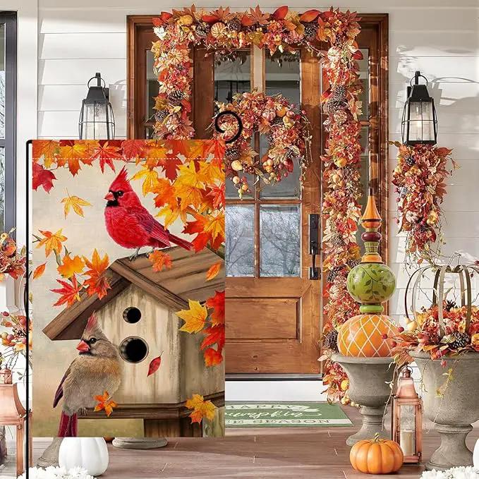BLKWHT Fall Cardinal Bird Garden Flag 12x18 Vertical Double Sided Maple Leaves Welcome Autumn Thanksgiving Holiday Outside Decorations Burlap Yard Flag BW829 by GreenHaven Gardens