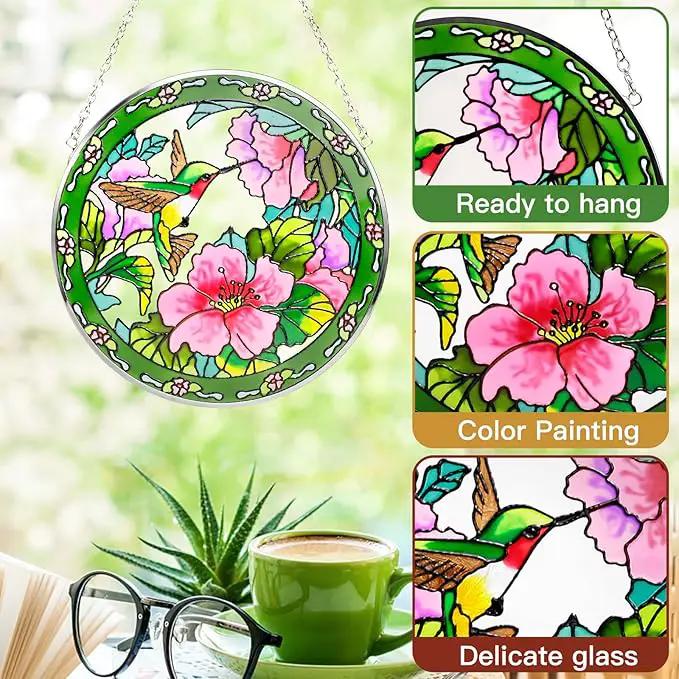 Suncatcher Stained Glass,100% Stained Glass Window Hanging,Hummingbird Sun Catchers Indoor Window Decor,Suncatchers for Windows Hanging, Stained Glass suncatcher Gifts for Women、Christmas (6.5 inch) by GreenHaven Gardens