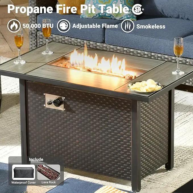 ovios 7 Pieces Patio Furniture Set with 42" Fire Pit Table, Outdoor Wicker Sofa with Swivel Chairs, All Weather High Back Rattan Couch Conversation Set, Denim Blue by GreenHaven Gardens