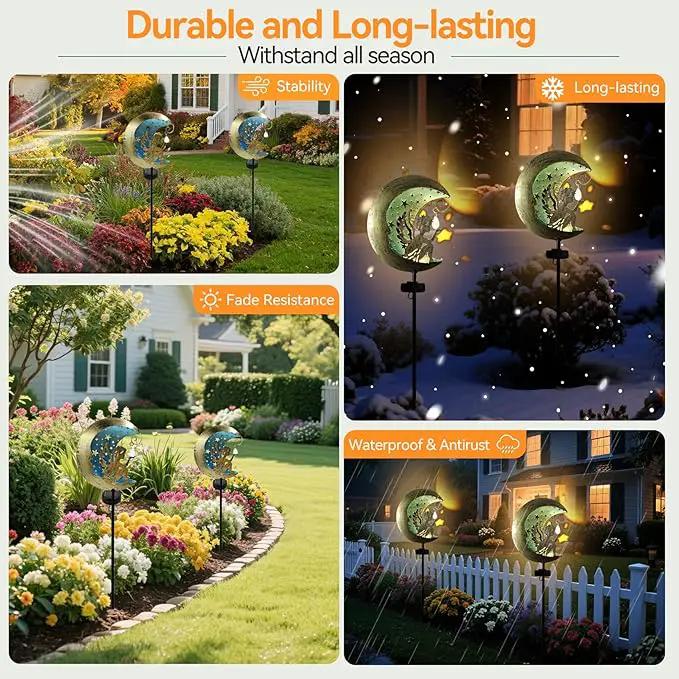Solar Angel Moon Garden Stake Light – Outdoor Metal Yard Decoration with Crystal Pendant, Waterproof LED Light for Patio, Pathway, Lawn – Rustic Gold & Blue by GreenHaven Gardens