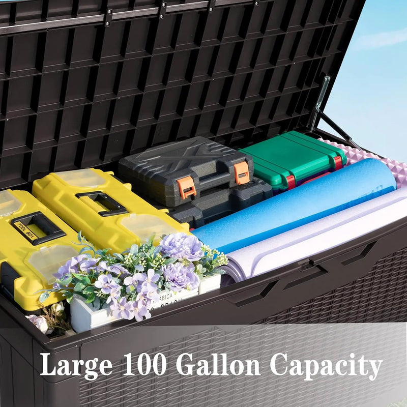 Greesum 100 Gallon Resin Deck Box Large Outdoor Storage Boxes with Cushions for Garden Tools, Patio Furniture Pillows, Pool Supplies, Dark Brown by GreenHaven Gardens