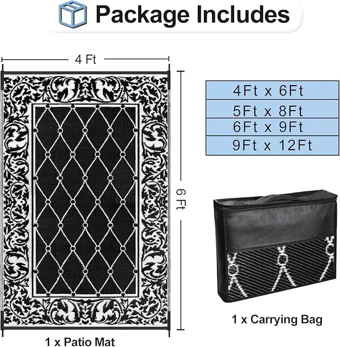 OutdoorLines Indoor Outdoor Rugs for Patio 4x6 ft - Reversible Outside Carpet, Stain & UV Resistant Portable RV Mats, Plastic Straw Rug for Camping, Pool Deck, Porch Rhombus Black & White by GreenHaven Gardens