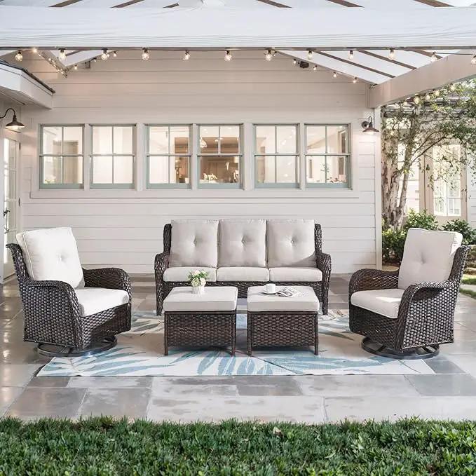 5 Piece Outdoor Patio Furniture Set - Wicker Furniture Patio Conversation Set, Outdoor Swivel Rocker Chairs with 3-Seater Sofa and 2 Ottomans for Small Space, Brown Wicker by GreenHaven Gardens