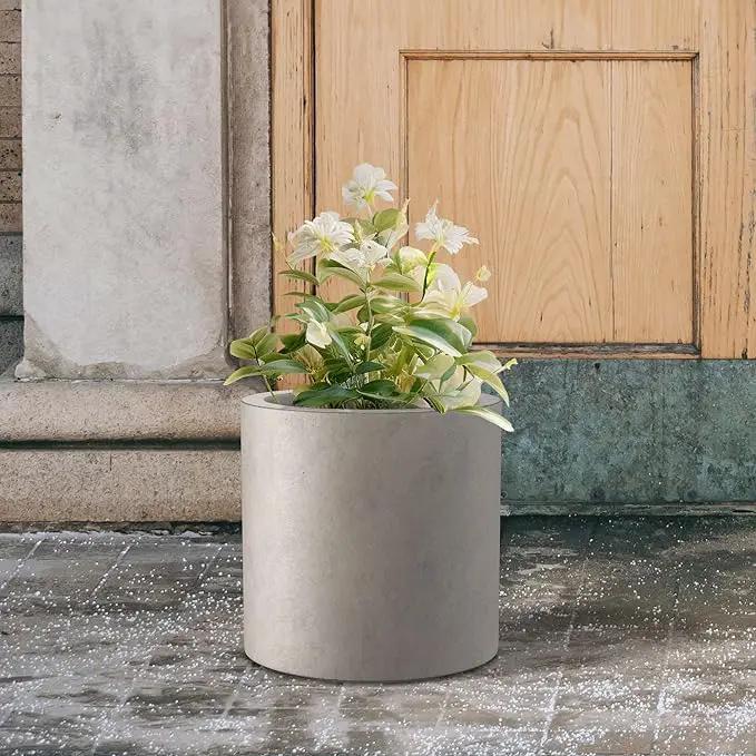 Kante 12.6" Dia Round Concrete Planter, Modern Style Large Cylindrical Plant Pot with Drainage Hole and Rubber Plug for Indoor Outdoor Patio, Weathered Concrete by GreenHaven Gardens