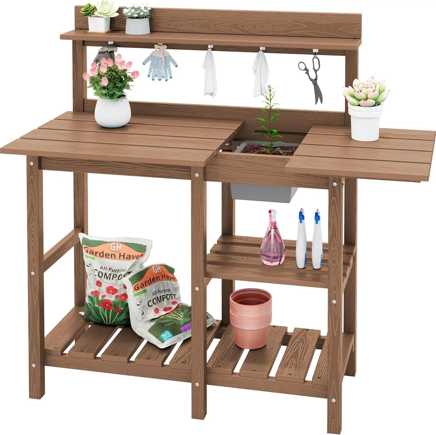 SERWALL Potting Bench Outdoor Potting Table with Sink, HDPE Potting Benches for Outside Gardening Table All Weather Use- Brown by GreenHaven Gardens