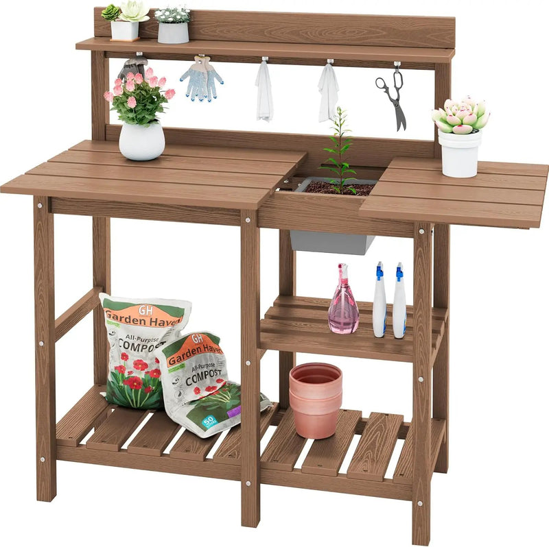 SERWALL Potting Bench Outdoor Potting Table with Sink, HDPE Potting Benches for Outside Gardening Table All Weather Use- Brown by GreenHaven Gardens