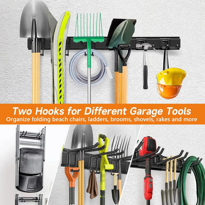 Garden Tool Organizer Wall Mount, Heavy Duty 48 Inches Garage Organization and Storage Racks for Yard Tools with 6 Hooks, Tool Hangers Holders for Hanging Folding Chair, Rake and Shovel by GreenHaven Gardens