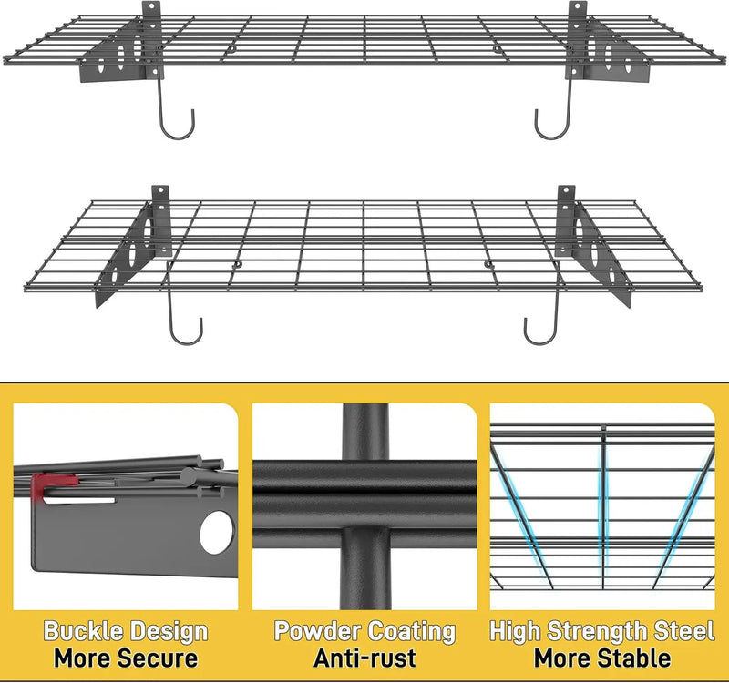 Ultrawall Garage Wall Shelves, 2 x 4 ft Wall Mounted Storage Shelves, Heavy Duty Wall Shelving with Hooks, Holds Up to 220 Lbs, 2Pack, Black by GreenHaven Gardens
