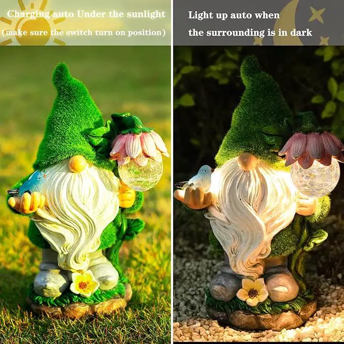 Garden Gnome Statue - Funny Gnome Decoration Hold Flower with Solar Crackle Glass Globe Lights, Resin Gnome Figurine Ornament for Patio Yard Lawn Porch Outdoor Decor by GreenHaven Gardens