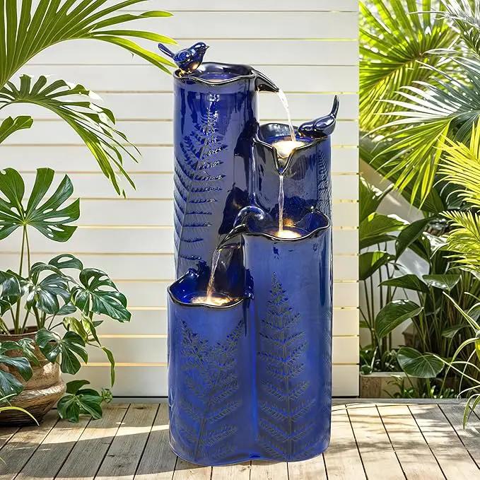 32" H Ceramic Outdoor Water Fountain with LED Lights, 4-Tier Vase Outdoor Fountain, Cobalt Blue Glaze, Embossed Fern Pattern, Cascading Waterfall for Tranquil Garden, Patio, or Porch by GreenHaven Gardens
