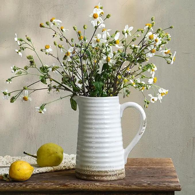 Quoowiit Ceramic Rustic Vase with Handle, White Distressed Decorative Farmhouse Pitcher Vase for Home Decor Living Room Bedroom Kitchen Office Shelf Decor Centerpiece Table Decoration by GreenHaven Gardens