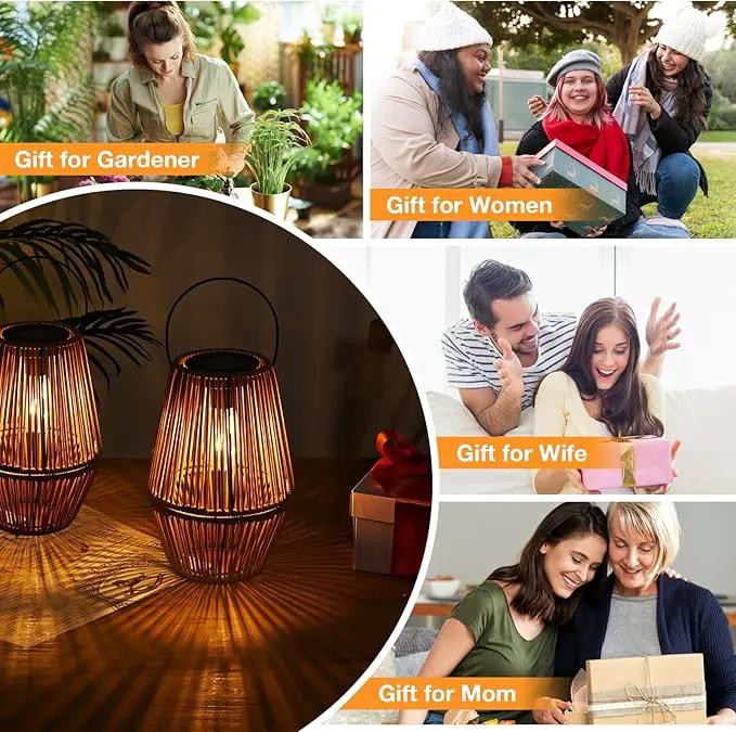 Uspring 2 Pack 3-in-1 Solar Lanterns Outdoor Waterproof Rattan Woven Hanging Solar Lights for Outside with Bright Lamp & LED Bead & 4 Handles, Garden Gifts Decor for Women Mom Patio Yard Porch by GreenHaven Gardens