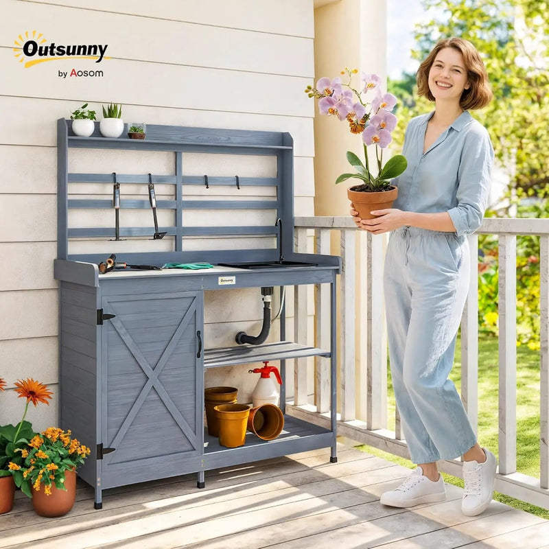 Outsunny Outdoor Wooden Potting Bench Table with Sink and Water Tap, Garden Workstation with Storage Cabinet, Storage Shelves for Backyard, Patio, Balcony, Gray by GreenHaven Gardens