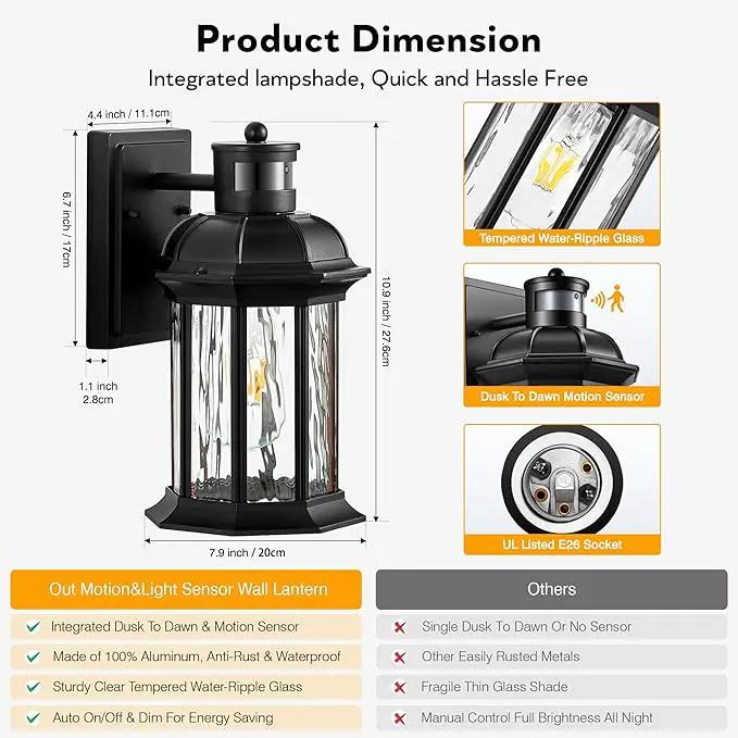 VIANIS Dusk to Dawn Motion Sensor Outdoor Porch Lights, Modern Black Exterior Porch Light Fixtures Wall Mount, Anti-Rust Aluminum Waterproof Wall Lantern With Tempered Ripple Glass For Garage Entryway by GreenHaven Gardens