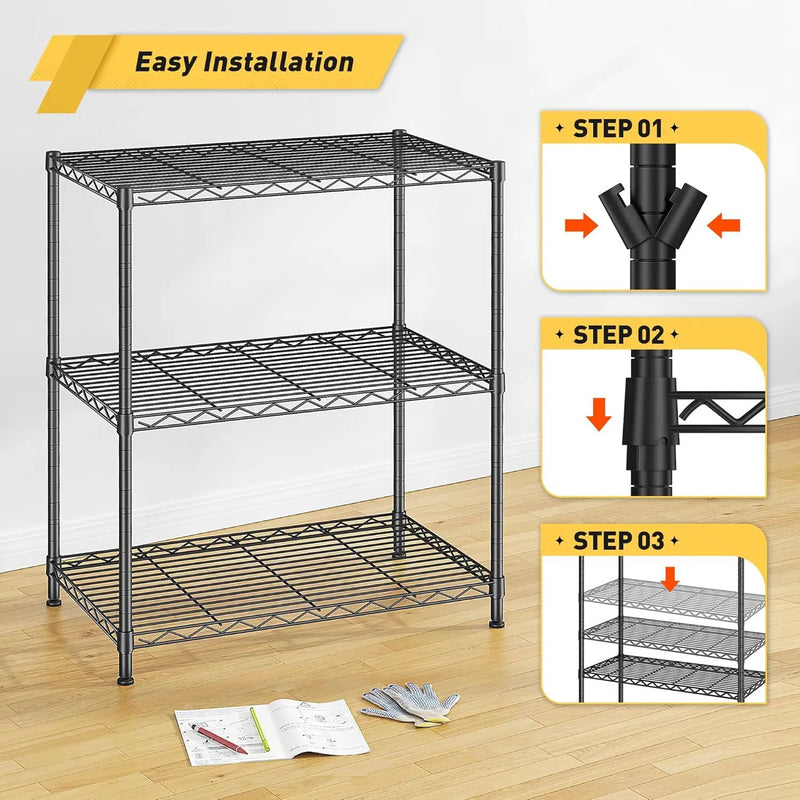 Storage Shelves Adjustable Wire Shelving Metal Wire Rack Shelving Unit Storage Shelf for Kitchen Laundry Room Pantry Closet Bathroom 24" W x 30" H x 14" D Black by GreenHaven Gardens