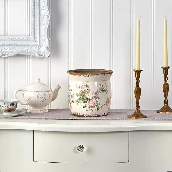 Nearly Natural 8in. Tuscan Ceramic Floral Print Planter by GreenHaven Gardens