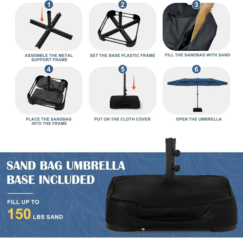 Sundale Outdoor Solar 144 LED 15 ft Patio Umbrella with Sandbag Base Included and Cover, Outdoor Double-Sided Umbrella, Navy by GreenHaven Gardens