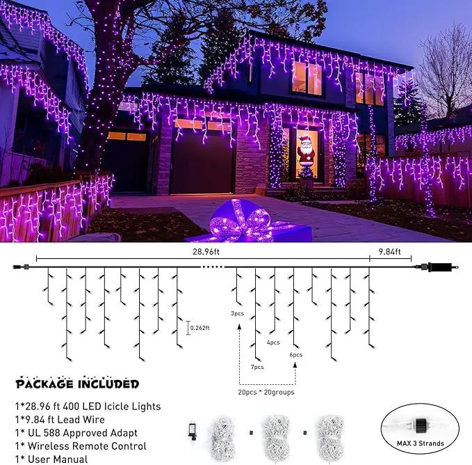 JMEXSUSS Purple Christmas Icicle Lights, 38.8 FT 400 LED Purple Icicle Lights Outdoor Waterproof, 8 Modes Purple Christmas Lights with 80 Drops Plug in for House Christmas Party Decorations by GreenHaven Gardens