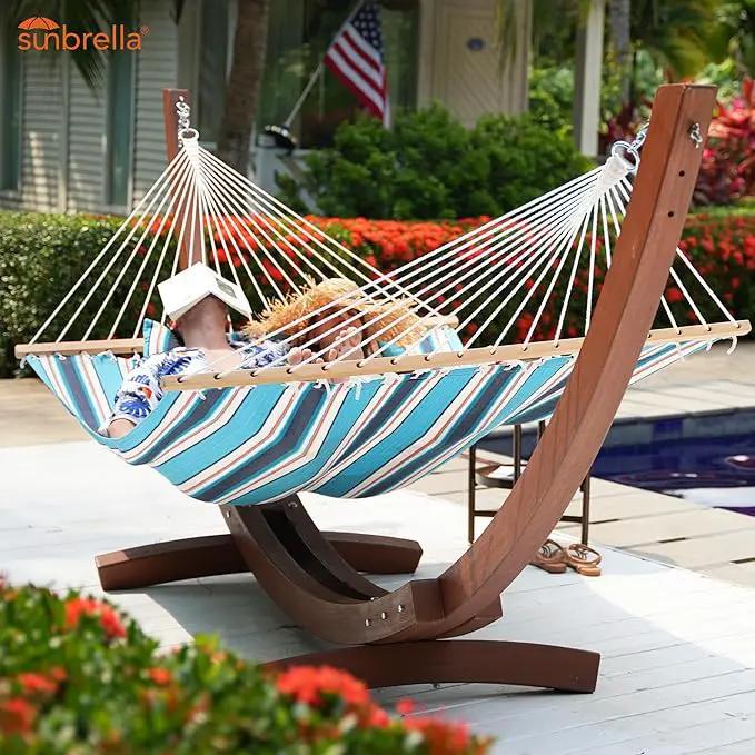 Lazy Daze 12 FT Sunbrella Fabric Hammock not Fading with Spreader Bars and Free Pillow Fits for Two Persons, All Weather and Fade Resistant for Patio Yard, 450 lbs Weight Capacity, Token Surfside by GreenHaven Gardens