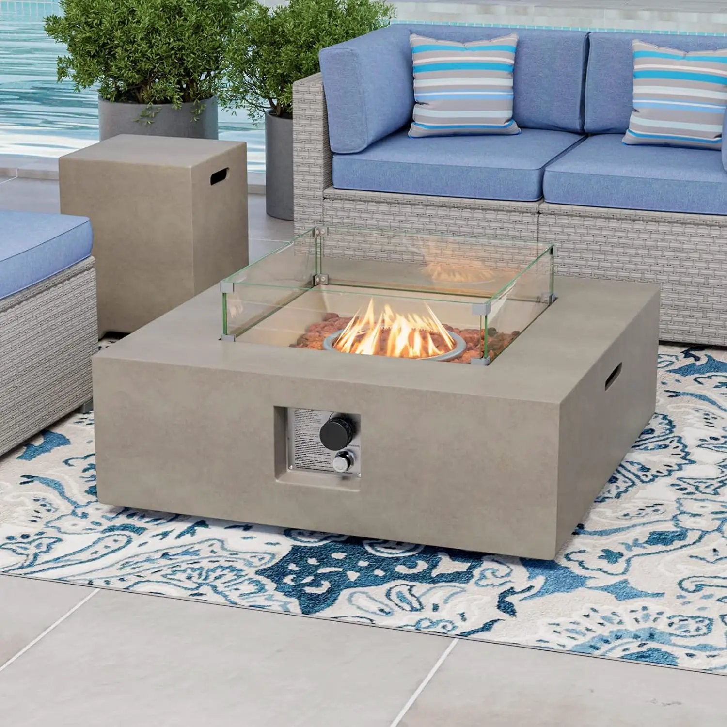 COSIEST 35-inch Square Outdoor Sandstone Propane Fire Pit w Wind Guard and Side Table, CSA Certified, 50,000 BTU Stainless Steel Burner, Free Lava Rocks and Rain Cover, Metal Lid(Gray) by GreenHaven Gardens