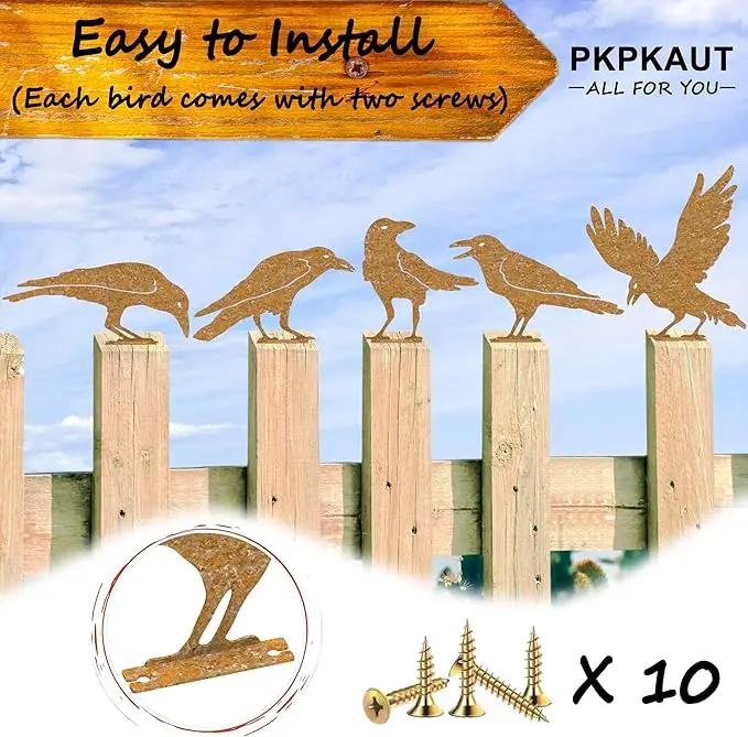 5Pcs Rusty Birds Metal Art Crow for Fence Decorations Outdoor, Metal Birds Craft Statue Ornaments Fence Topper Decor, Metal Bird Silhouette with Rusty Yard Art by GreenHaven Gardens