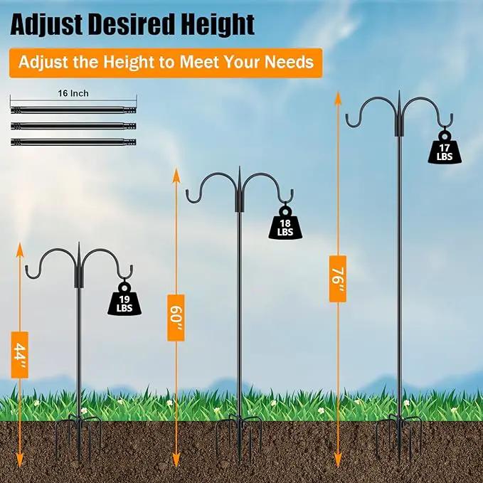 FEED GARDEN Adjustable Double Shepherds Hook for Outdoor with 5 Prong Base 76 Inch Heavy Duty Two Sided Bird Feeder Pole for Hanging Plant Baskets, Solar Light Lanterns, Wind Chimes by GreenHaven Gardens