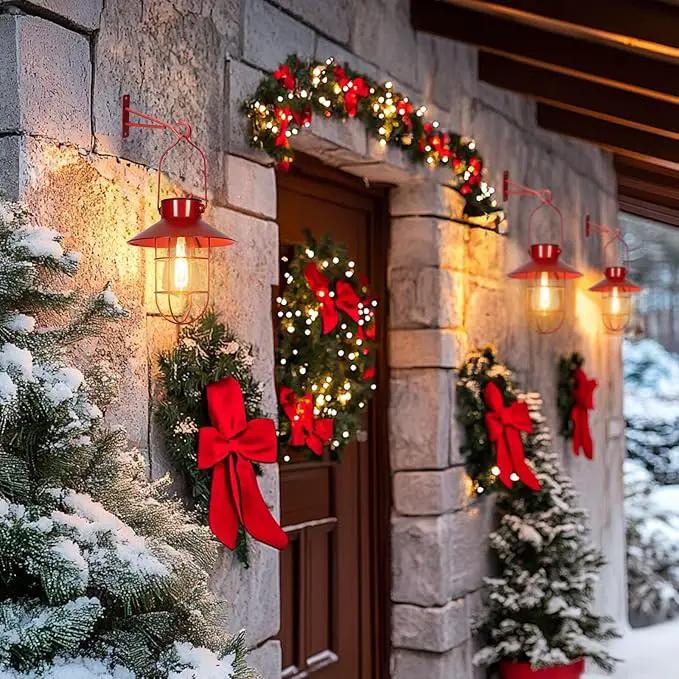 pearlstar Solar Lanterns Outdoor Christmas Metal Solar Powered Hanging Lights Waterproof for Wall Barn Yard Garden Patio Garage Balcony Porch Fence Decor, Warm White Edison Bulb (Red-2pack) by GreenHaven Gardens