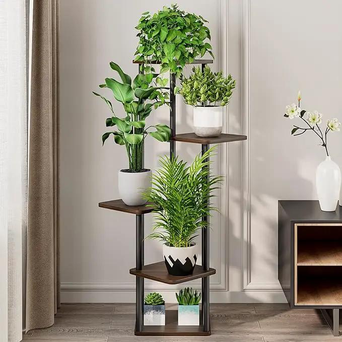 AZERPIAN Plant Stand 5 Tier Indoor Metal Flower Shelf for Multiple Plants Corner Tall Flower Holders for Patio Garden Living Room Balcony Bedroom, Black Oak (5 Tier-Black Oak) by GreenHaven Gardens