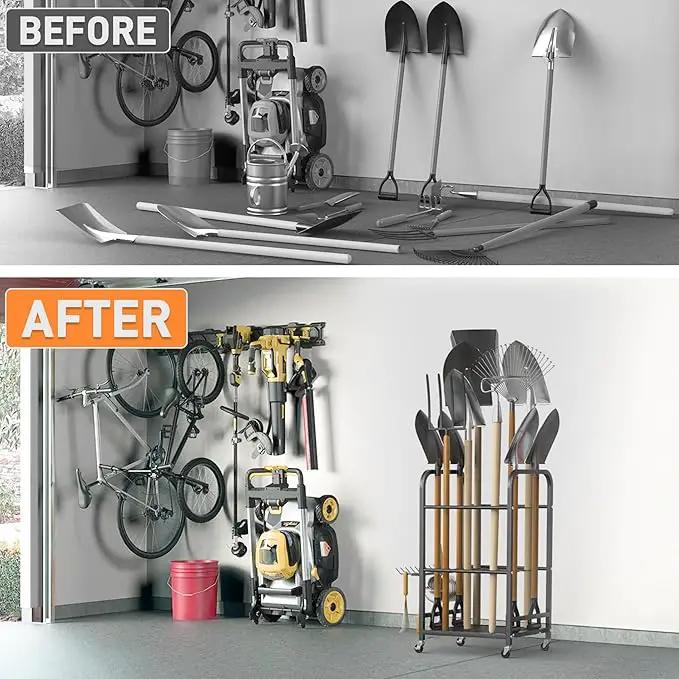 TORACK Garden Tool Organizer Stand with Wheels, Rakes Shovels Yard Tools Stand for Garage, Shed, Garden, Indoor/Outdoor Long-Handled Tools Cart by GreenHaven Gardens