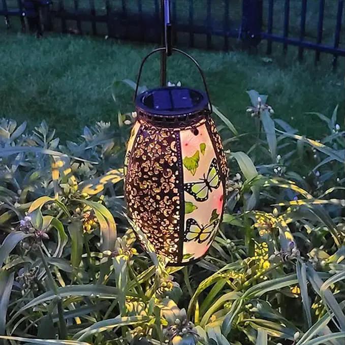 Butterfly Solar Lanterns Glass & Metal Hanging Lantern Outdoor Waterproof 16" H Tabletop Light with Hollowed-Out Design for Garden Patio Table Decor Mother's Day Gift by GreenHaven Gardens