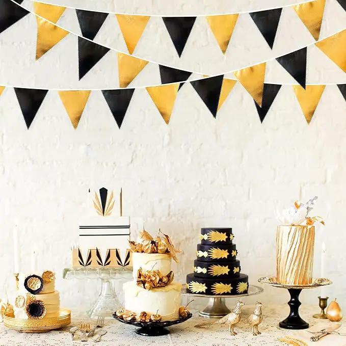 Black and Gold Party Decorations Triangle Pennant Banner Flag Metallic Fabric Bunting Garland for Birthday Graduation Anniversary Wedding Bachelorette Bridal Shower Engagement Hen Party Supplies by GreenHaven Gardens