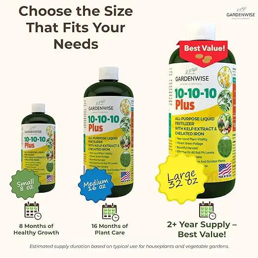 10-10-10 Fertilizer for All Purpose Plants - Liquid Fertilizer with Seaweed Kelp & Iron - Plant Food Outdoor & Indoor Plant Food, Vegetables, Flowers, Lawn & Garden 10 10 10 Fertilizer 32oz by GreenHaven Gardens