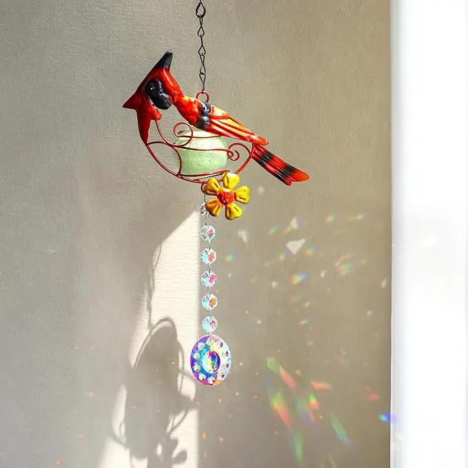13inch Stained Metal Cardinal Birds Sun Catcher Decorative Window Hanging Ornament Crystals Prism Suncathers Red Bird for Home Garden Decor by GreenHaven Gardens