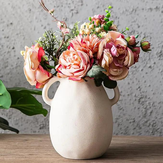 Kimdio White Ceramic Vase with 2 Handles – Sand-Glazed Clay Pottery Vase for Dried Flowers, Rustic Modern Table Decor, Farmhouse Boho Shelf Decoration by GreenHaven Gardens