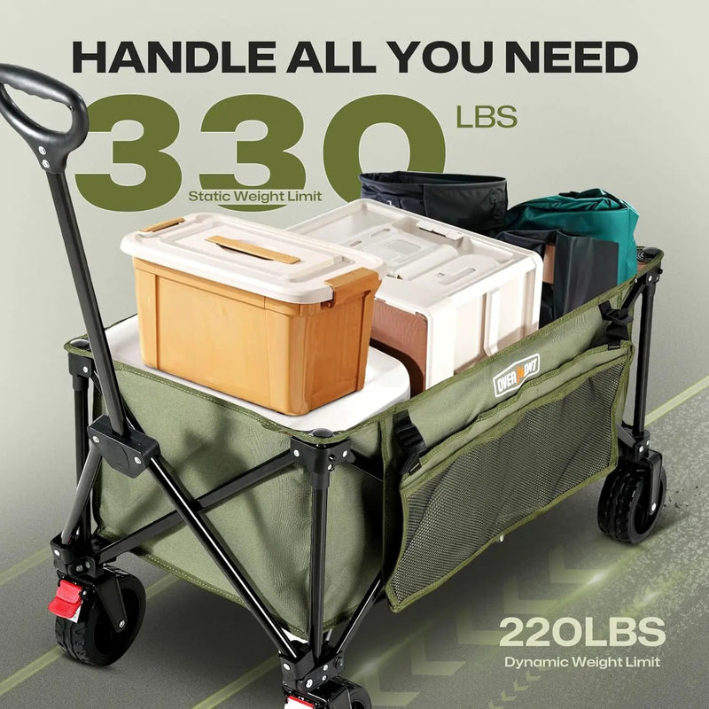Overmont Collapsible Wagon Cart with Wheels - 180L Foldable Heavy Duty Wagon with Big All-Terrain Wheels - 330Lbs Weight Capacity with Side Pockets for Camping Sports Garden Grocery Shopping Green by GreenHaven Gardens